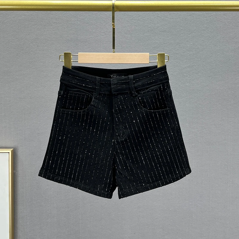 SHUMENG Streetwear Women's Full Diamond White Denim Shorts 2023 Summer Casual Stretch High Waist Short Jeans Hot Pants Female