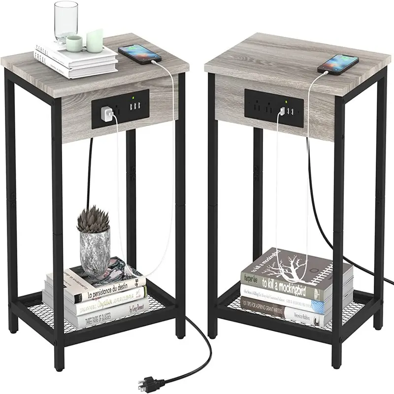 

Nightstand End Table with Charging Station Gray, Set of 2