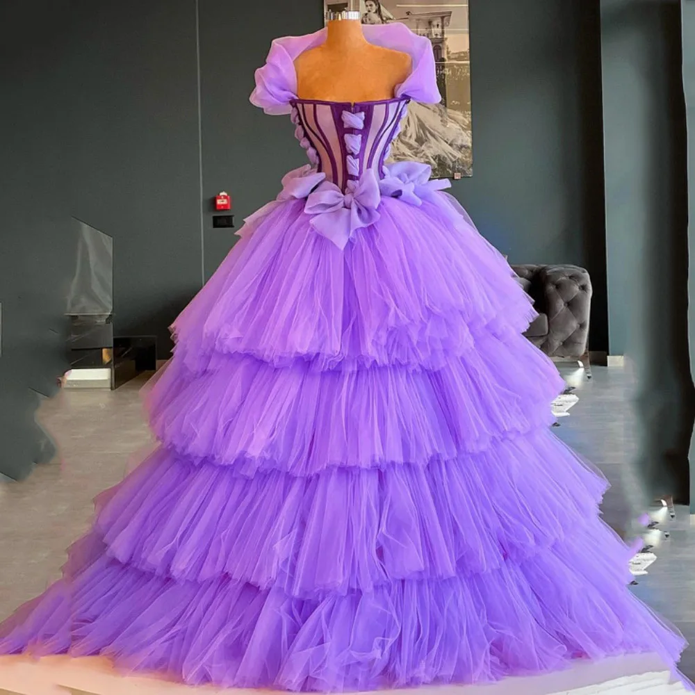 

Square Neck Tulle Ball Gown Plus Size Evening Dresses Purple Prom Dress Layered Dress Elegant Dresses For Women Dress With Bow
