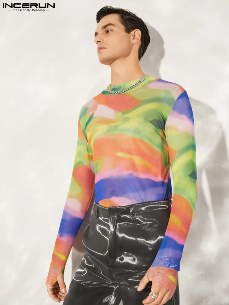 

Handsome Well Fitting Tops INCERUN Men's Colorful Printing T-shirts Male Long-sleeved High-neck Stretch Bottoming Camiseta S-5XL