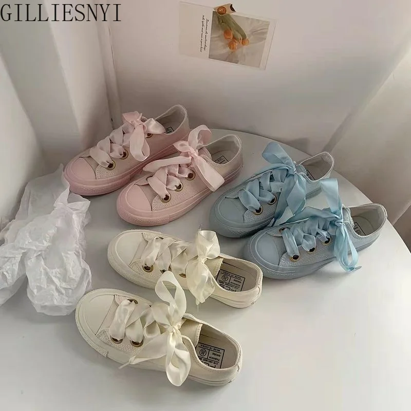 

White Woman Canvas Shoes Lace Up Spring Summer New Sneakers Casual Breathable Platform High Gang Pink Flat Women's Sports Shoes