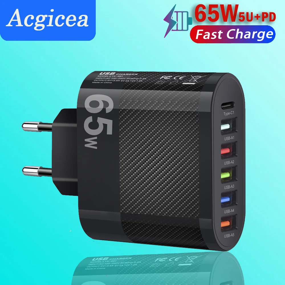 

65W USB Charger 6Ports PD Fast Charging Charger Quick Charge3.0 Power Adapter for Xiaomi IPhone13 Samsung CellPhone Wall Charger