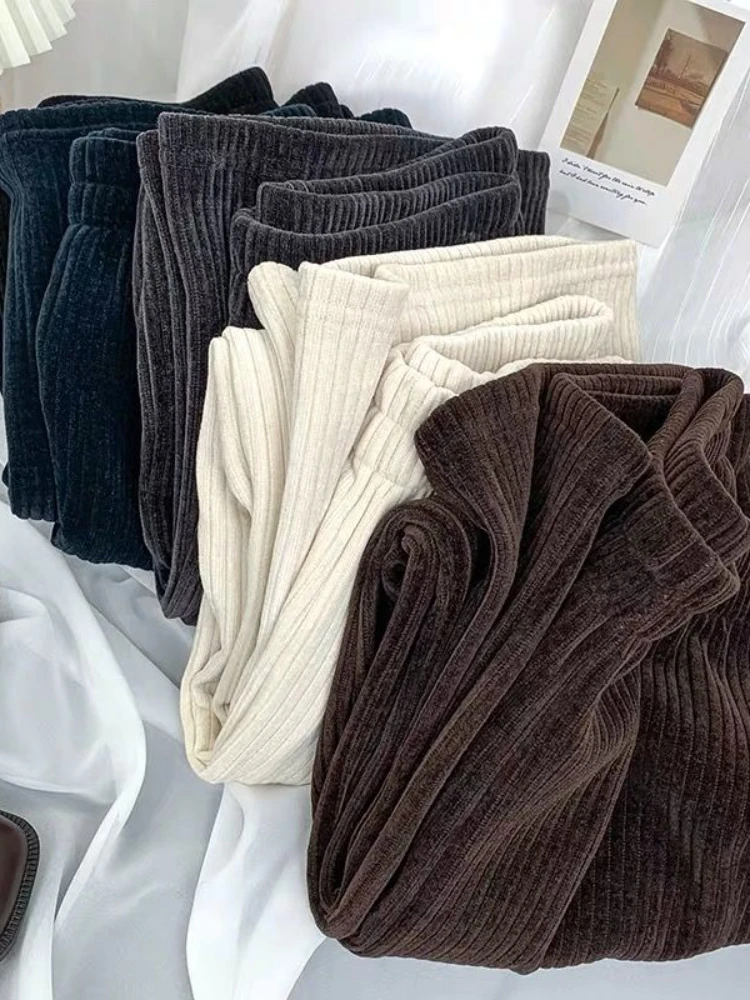 

Брюки женские с широкими штанинами из синели, утепленные прямые повседневные брюки с завышенной талией и драпировкой, уличная одежда, осень...