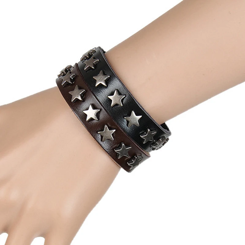 

Punk Rock Wrap Leather Bracelet Men Vintage Star Spikes Rivet Gothic Wide Cuff Bracelets For Women Jewelry