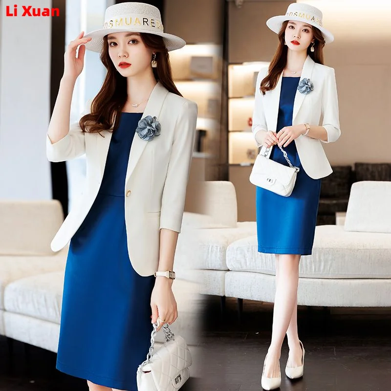 Spring Summer Dress Suits Women Fashion Two Piece Set Outfits Blazer Top Office Korean Ladies Formal OL Work Professional Wear