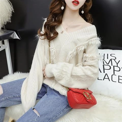 

2022 White Tassels Pullover Girl Woman Women Sweater V-Neck Knit Tops Tight Women's Sweaters Fall Spring Top Coat Cloth Suétere