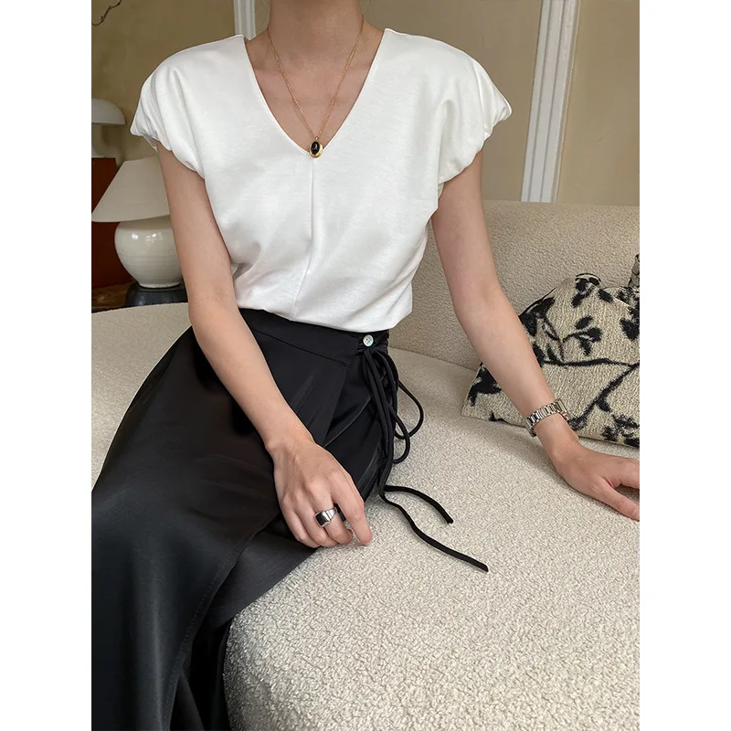 

V-Neck Fashion Women Tees Summer White Color Lady Crop Tops T-Shirt Clothes