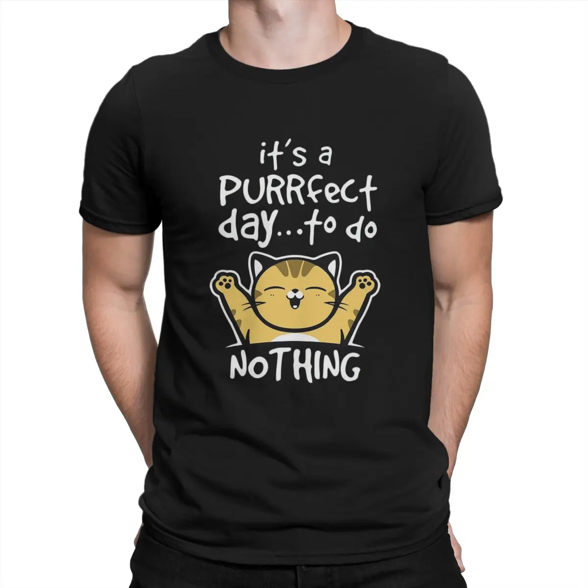 

Мужская футболка PURRFECT DAY, хипстерские футболки из чистого хлопка, футболка с коротким рукавом и принтом кошки для влюбленных, топы с круглым ...
