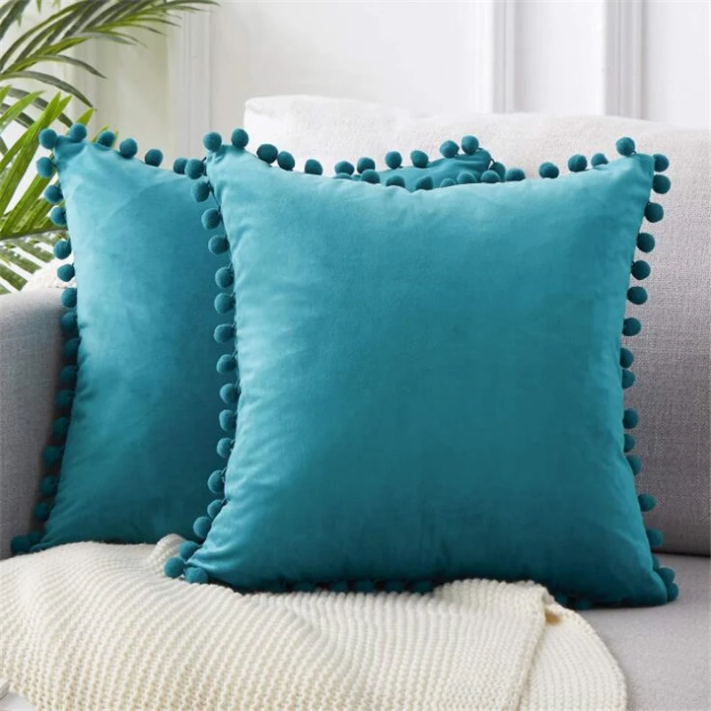 

Soft Velvet Pillow Cover Pom Poms Cushion Cover Luxury Square Decorative Pillows With Balls For Sofa Bed Car Home Throw Pillows