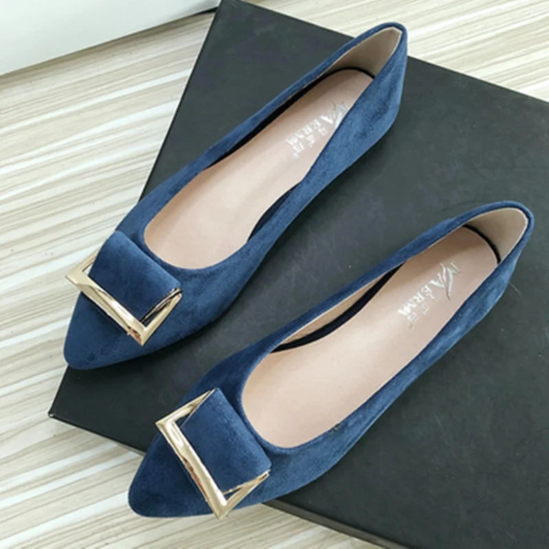 

Women Metal Buckle Flats Pointy Toe Ballet Chaussure For Narrow And Wide Feet Flock 32-48 Daily Slip-Ons Royal Blue Moccasines