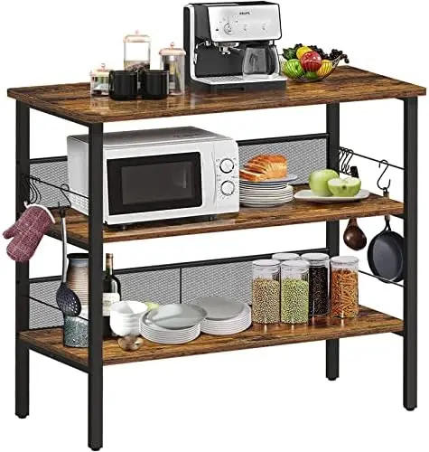 

Kitchen Island, Coffee Bar with 3 Shelves, Kitchen Shelf Units with Large Workstation, Bakers with 9 Hooks, Industrial, Easy to