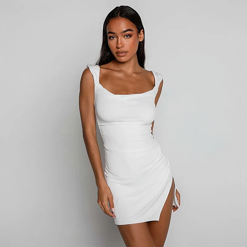 

Women's Solid Color Suspender Short Dress Square Neck Tie Backless Slim Fit Slit Skirt 2023 New Sexy Spice Party Dress