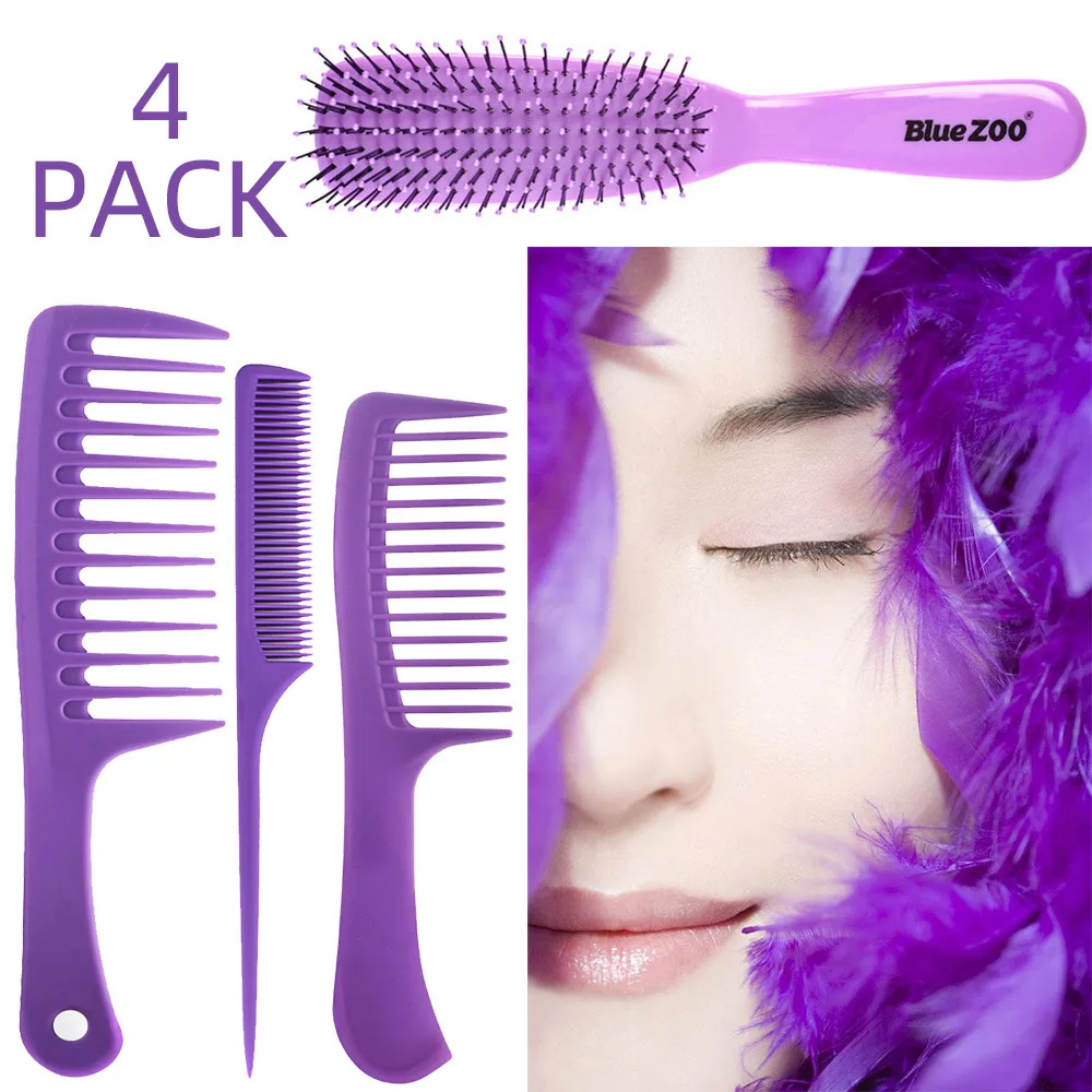 

4-Piece Set 3 Large Color Purple and Rose Sea Blue Abs Straight Handle Wide Tooth Pointed Tail Curling Comb Heat-Resistant