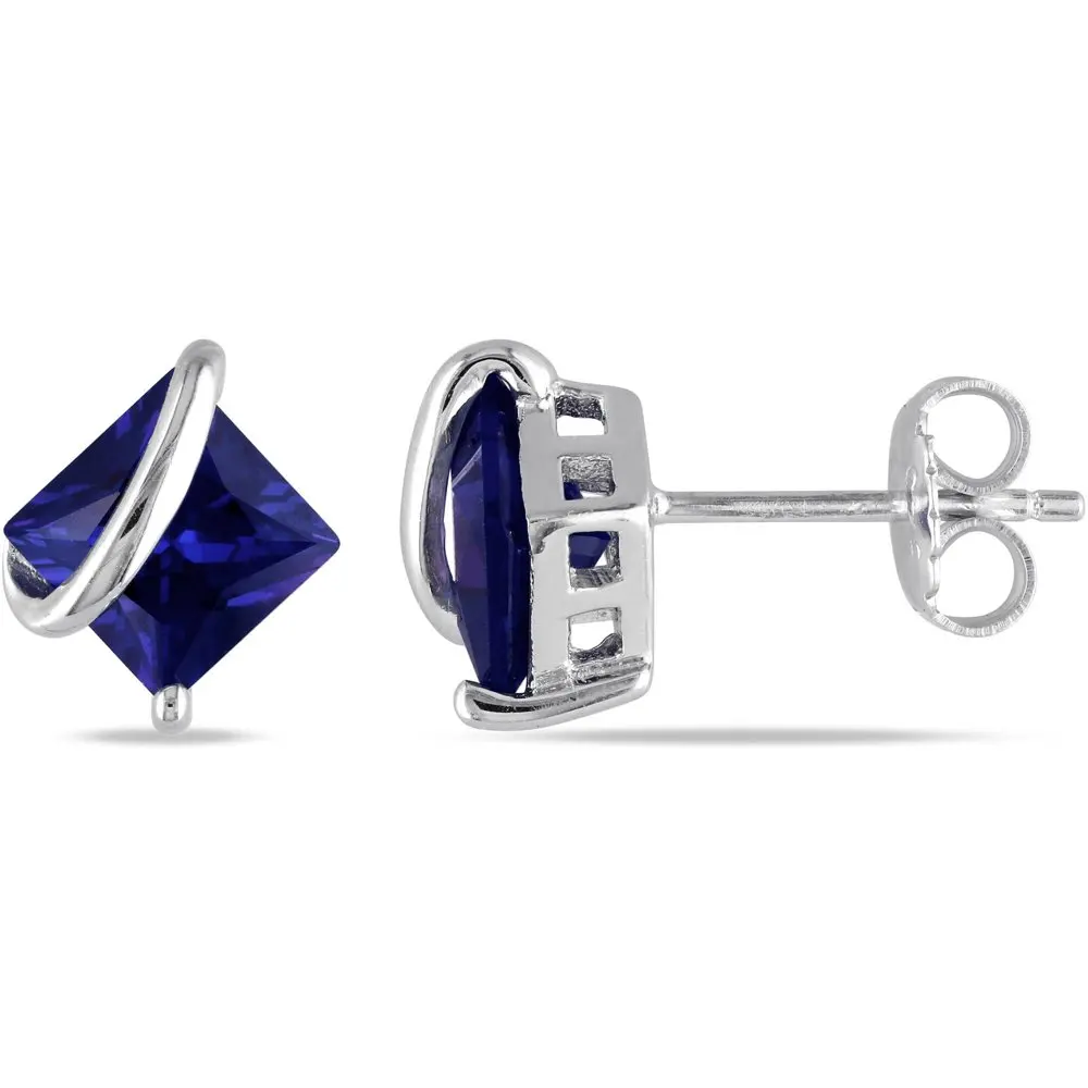 

Women's 2-5/8 Carat T.G.W. Square-Cut Created Blue Sapphire Sterling Silver Illusion Stud Earrings