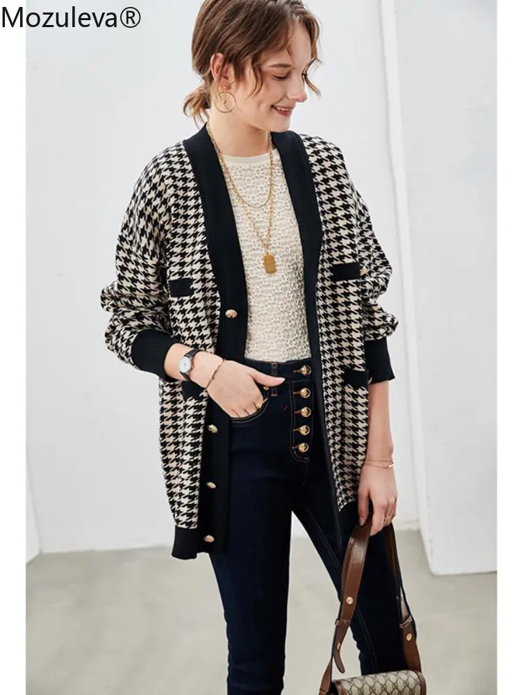 Осень-зима 2021 свитер с узором гусиная лапка свободный средней длины кардиган