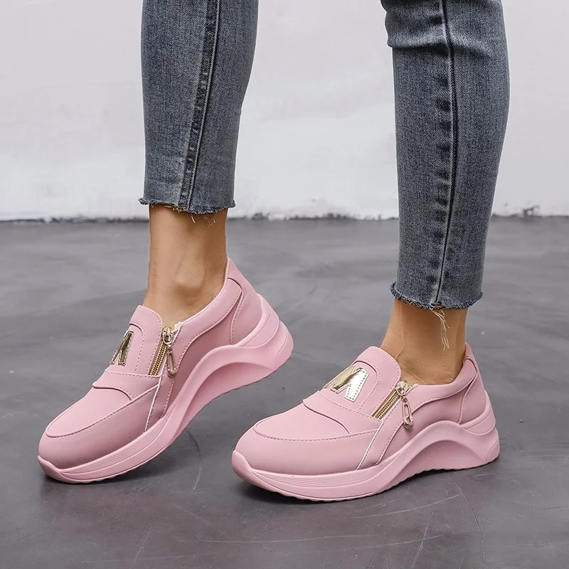 Women Sport Shoes Thick Bottom Solid Ladies Vulcanized Sneakers Casual Wedges Slip on Zipper Shoes Women Platform Sneakers 2023