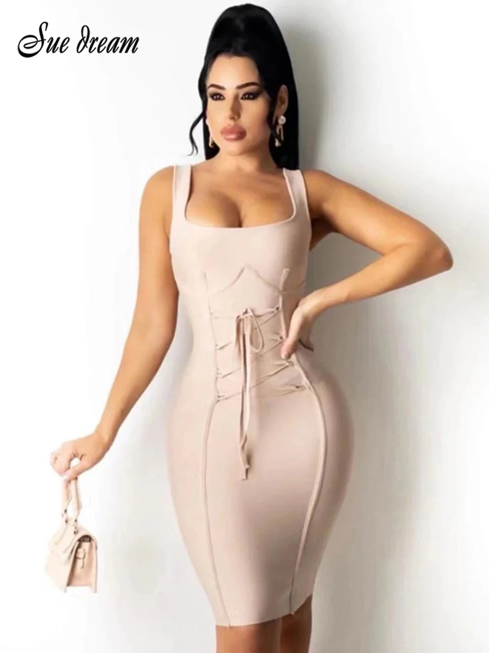 

Fashion Women Summer Sexy Sleeveless O Neck Tank Beige Mini Bodycon Bandage Dress 2021 Elegant Evening Party Dress Vestido