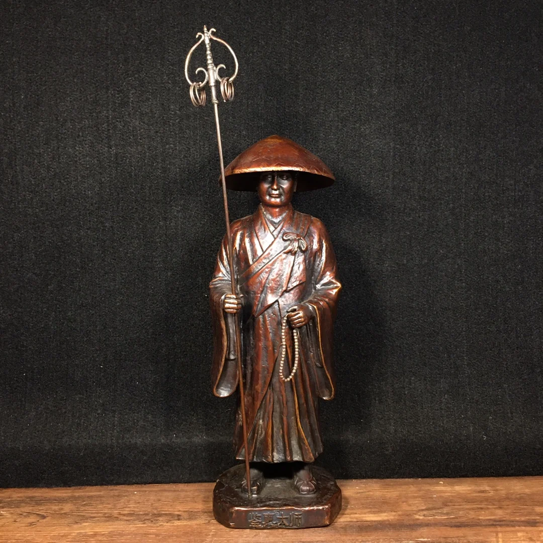 

13" Tibetan Temple Collection Old Bronze Cinnabar mud gold Amitabha Earth Store Bodhisattva Standing Buddha Town house Exorcism