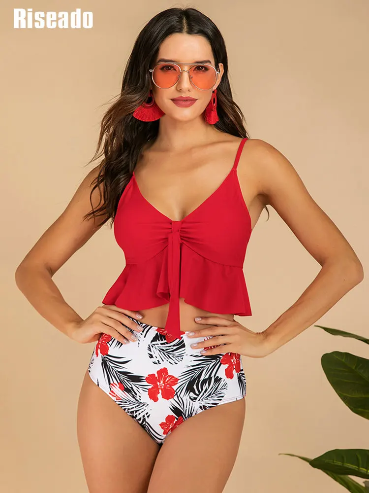 

Floral Print Bikinis Ruffle Swimwear Women 2022 New High Waist Swimsuit Sexy Knot Front Bathing Suit V-neck Biquini For Woman