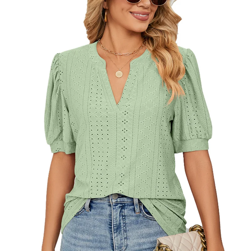

Summer Solid Lace Woman Shirt Elegant Hollow Puff Short Sleeve Pullover Blouse Women Casual V-neck Loose Lady Tops Blusas 24698