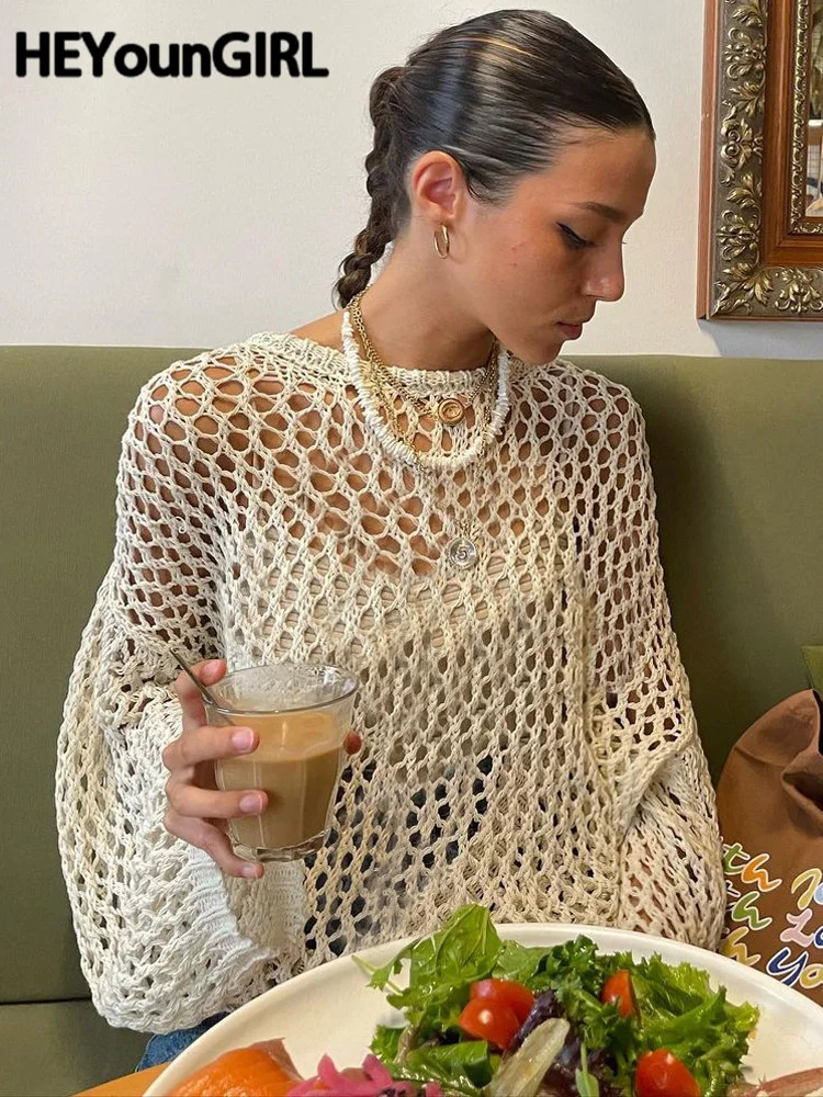 

Vintage Casual Knit Sweater T-shirt Long Sleeve Y2K Hollow Out Smock Tops Loose Pullovers Tee Fashion Streetwear