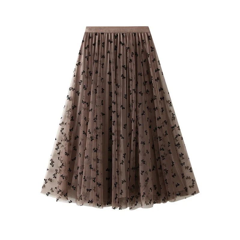 

Tulle Skirt Midi High Waist Slim Pleated Gauze Skirts Flocked Bow Gauze Double Skirt Long Skirts for Women