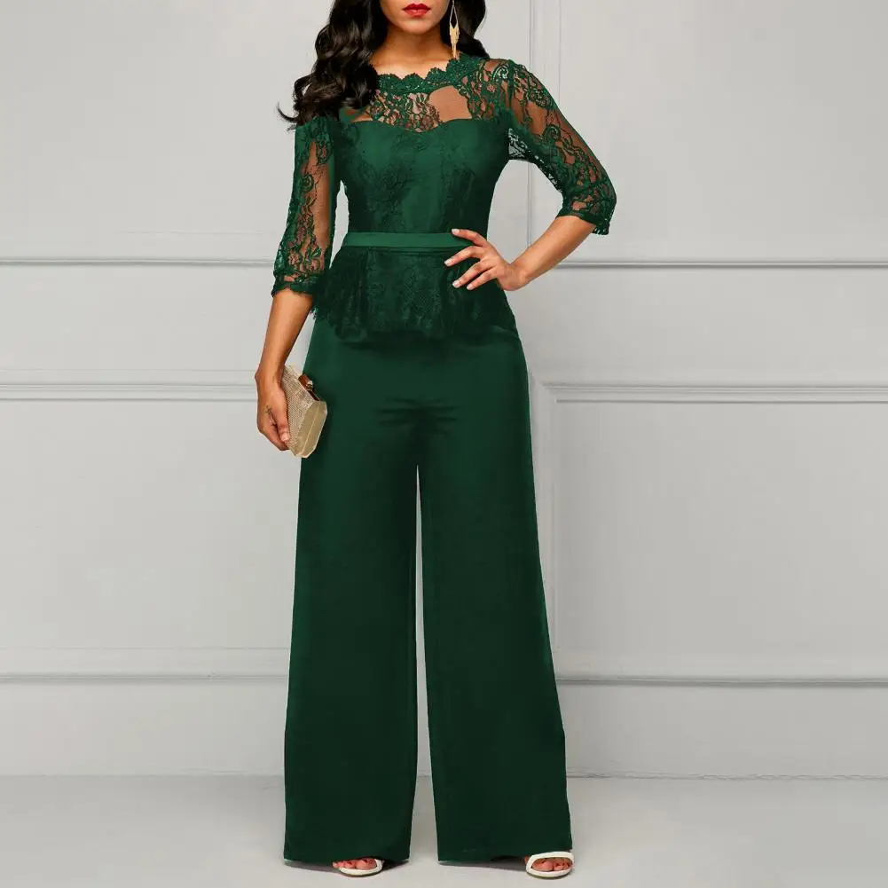 

Stylish Women Jumpsuit Summer Autumn Jumpsuit O Neck See Through Pure Color Jumpsuit Lace