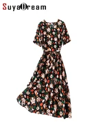 suyadream women long floral dresses 100pure silk v neck sashes printed dress 2022 spring summer new clothes