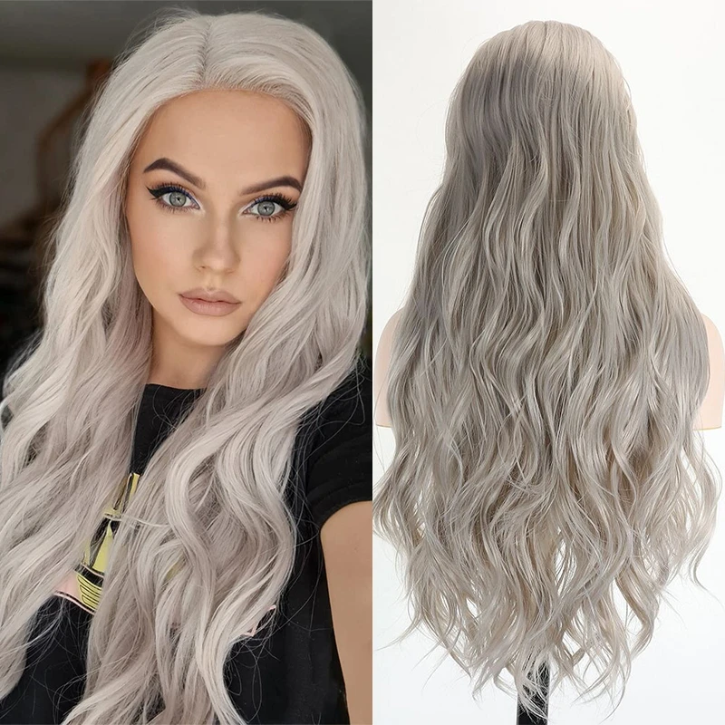 Grey Wavy Mixed Blend Human Hair Wig Pre Plucked With Baby Hair Transparent Lace 13x4 Lace Front Wig For Women