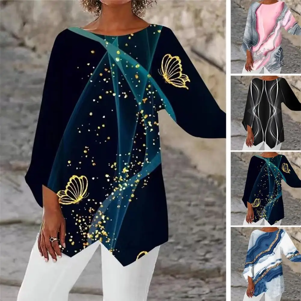 

Женская летняя футболка, топы контрастных цветов с 3D принтом, Свободный пуловер с рукавом девять четвертей, блузка с асимметричным подолом, элегантная женская одежда