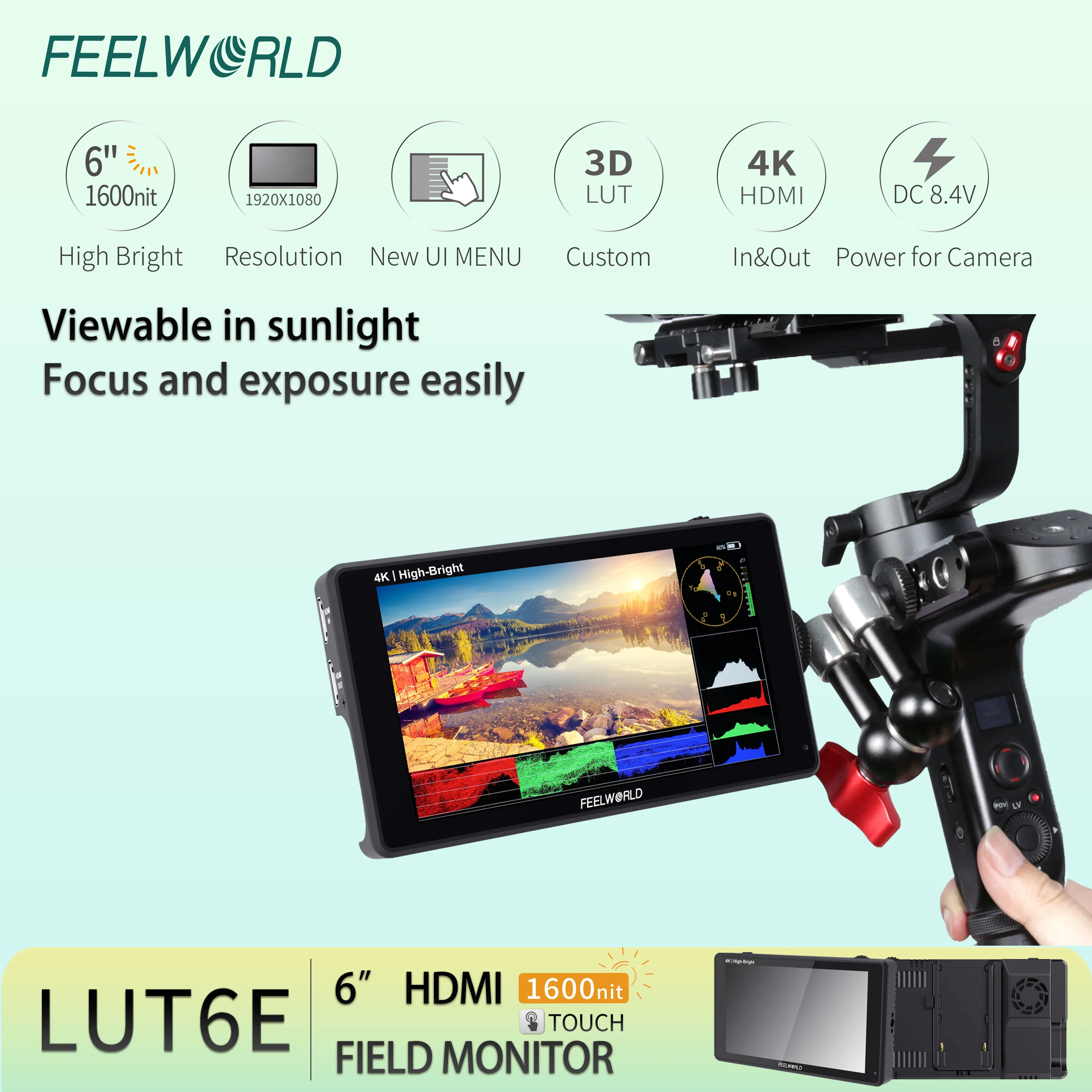 Фото FEELWORLD LUT6E камера с сенсорным экраном DSLR полевой монитор высокая яркость 1600 нит 6 дюймов FHD IPS оптовая продажа с фабрики ODM ODM №2
