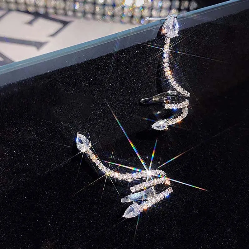 

Snake Crystal Earrings Silver Color Ear Clip with Ear Stud for Women Zircon Clip Earring Punk Party Jewelry Female Accessories