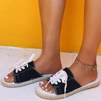 women lace up denim slippers female canvas sewing hemps slides 2021 laides summer beach shoes casual flats footwear plus size 43