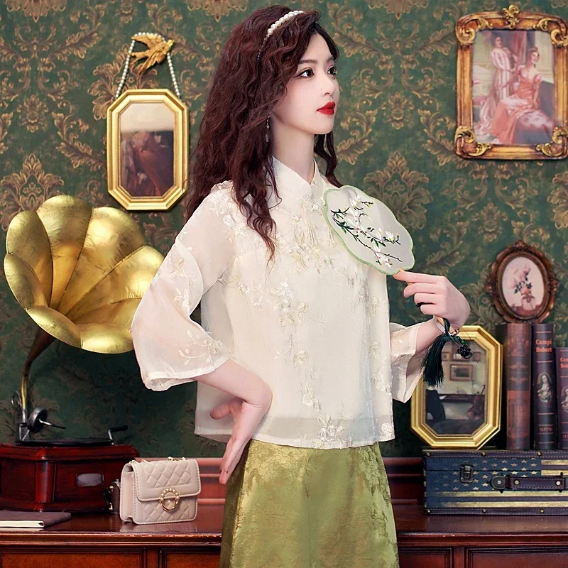 Женская блузка с цветочной вышивкой в китайском стиле