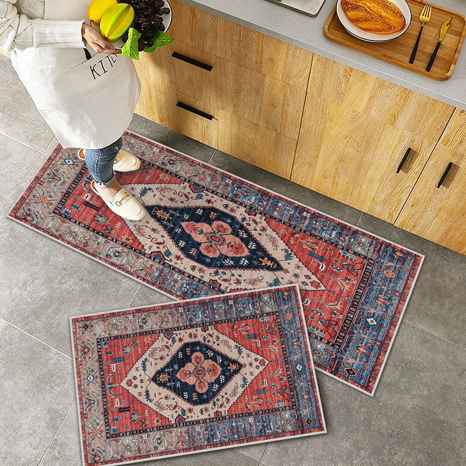 

Retro Kitchen Floor Mats Non-slip Waterproof Bohemia Carpet European Bathroom Laundry Room Floor Door Mats Indoor Area Rugs