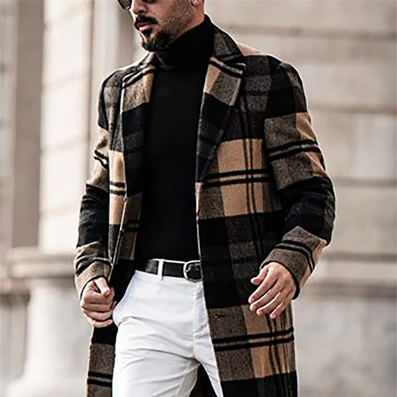 

Осенне-зимнее модное мужское шерстяное пальто, однотонное однобортное длинное пальто с лацканами, повседневное пальто, повседневный Тренч