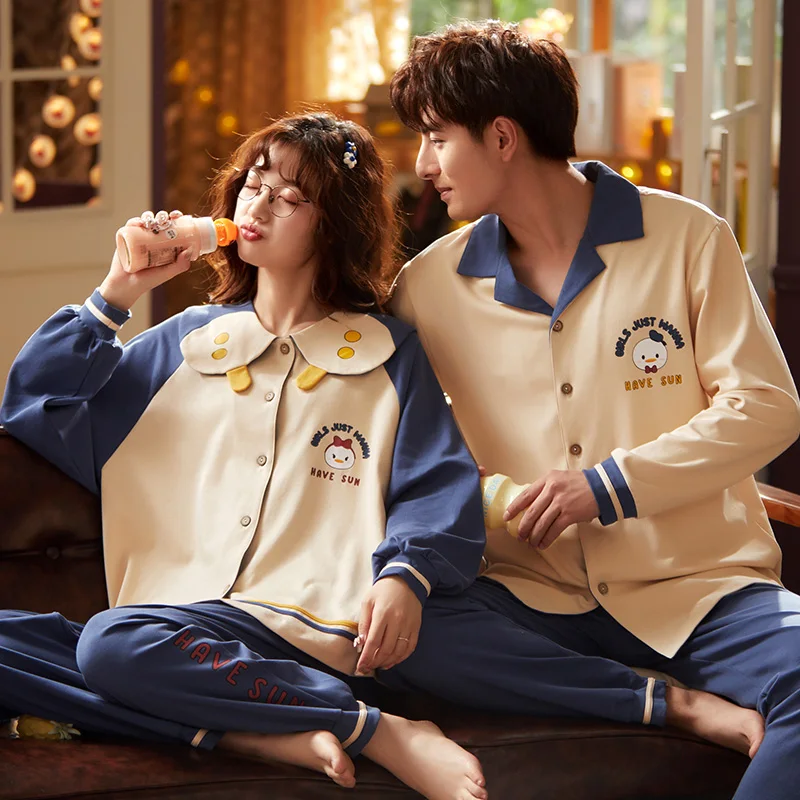 

Couple Pajamas Women's Autumn and Winter Long Sleeve Large Size6535Cotton Loose Cardigan Simple Casual Homewear Men Can Wear out