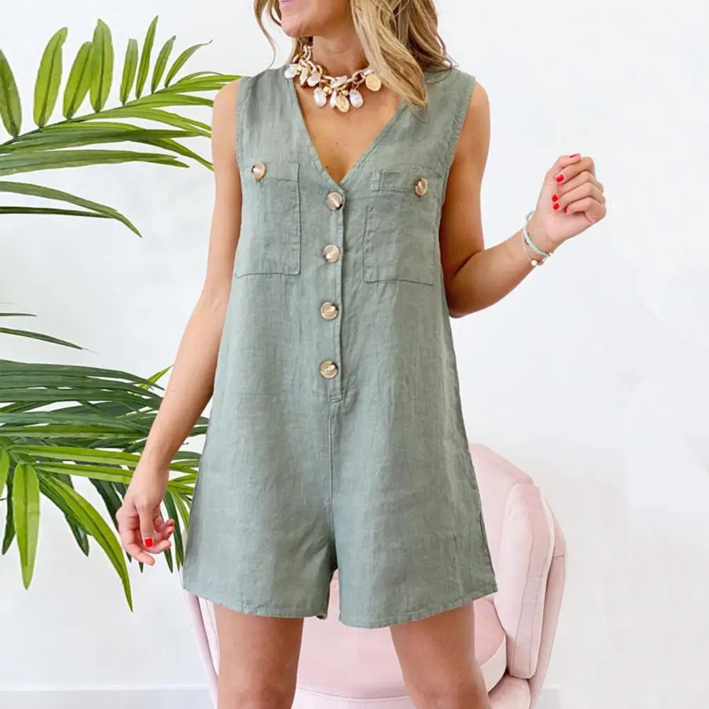 

Casual Overalls Loose Breathable Women Solid Color Sleeveless Jumpsuit
