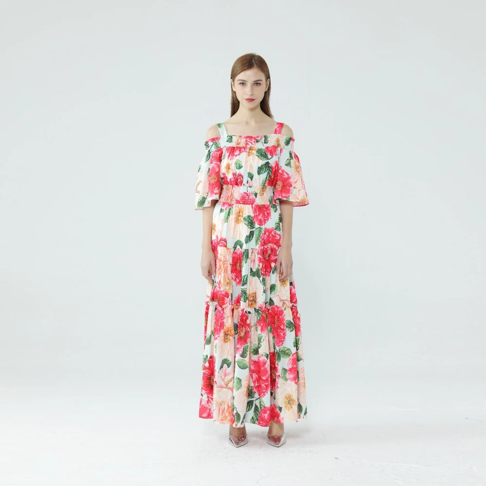 

2022 Spring And Summer One-shoulder Sling Short-sleeved Printed Cotton Fashion Age-reducing Temperament Long Dress Women