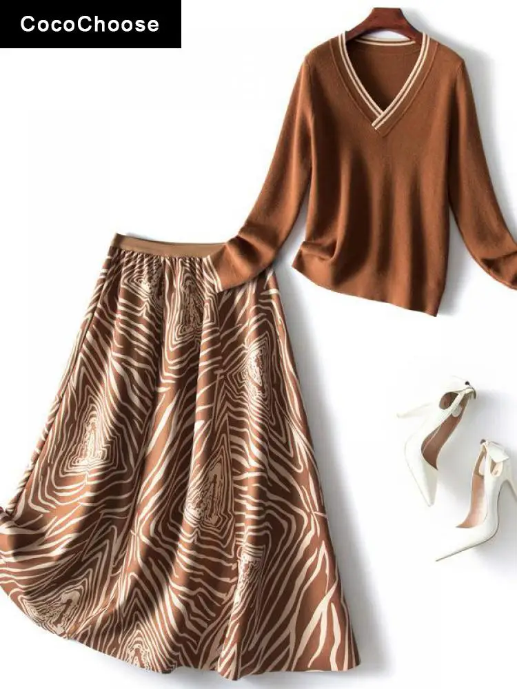 

Elegant Paisley Dress Sets Womens Outfits Autumn 2022 Fashion Office Preppy Style Striped Knitted Long Sleeve Top and Skirt Set