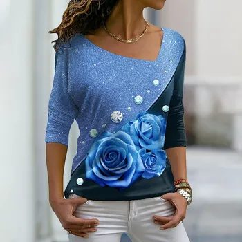 2023 Spring Autumn Flower Printing Clothing Female Pullover Women's V-Neck Tops Ladies Fashion T-shirt Loose Size Long Sleeve 3
