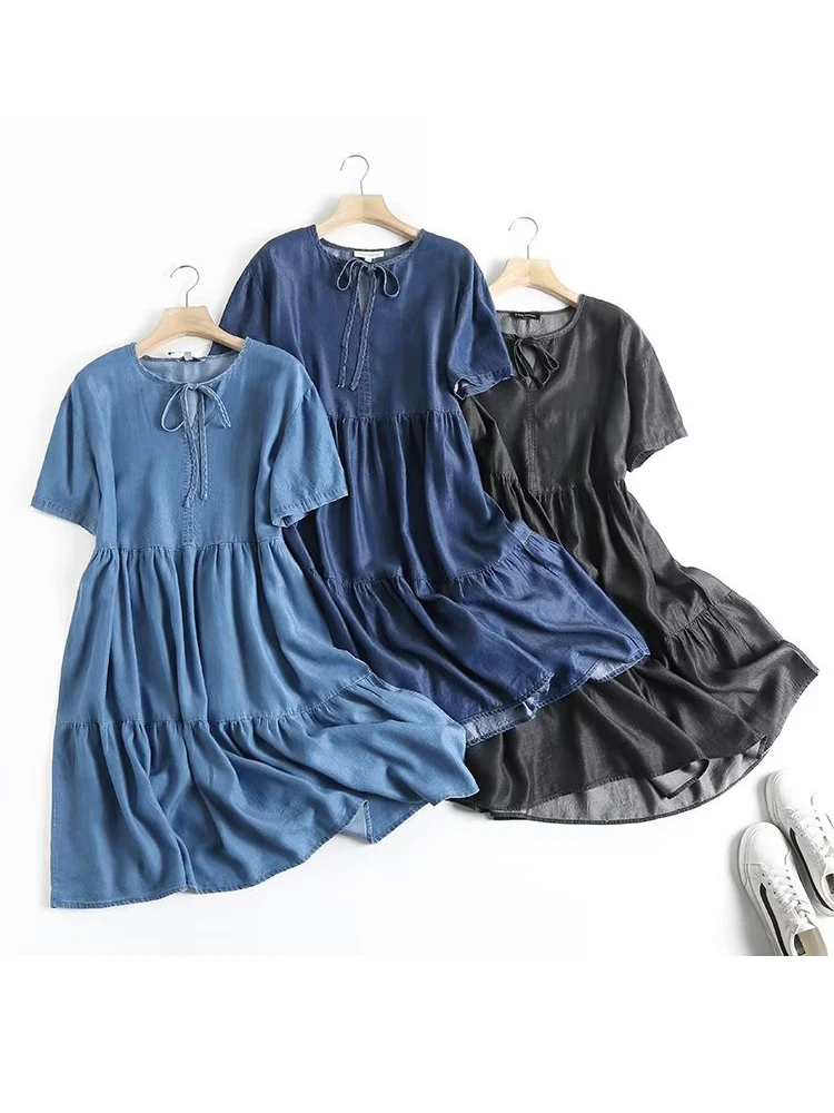

Summer Short Sleeve Blue Denim Dress Women Lace Up V-neck A-line Mini Dresses 2022 vestidos