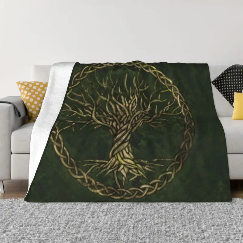 

Green And Gold Tree Of Life Blanket Warm Fleece Soft Flannel Vikings Yggdrasil Throw Blankets for Bedding Sofa Office Spring