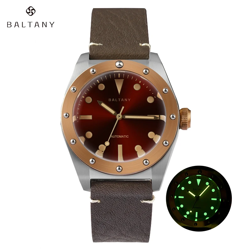 

Baltany Watch For Men Vintage Bronze Stainless Steel Case 200M Waterproof Leather Strap NH38 Automatic Mechanical Wristwatches