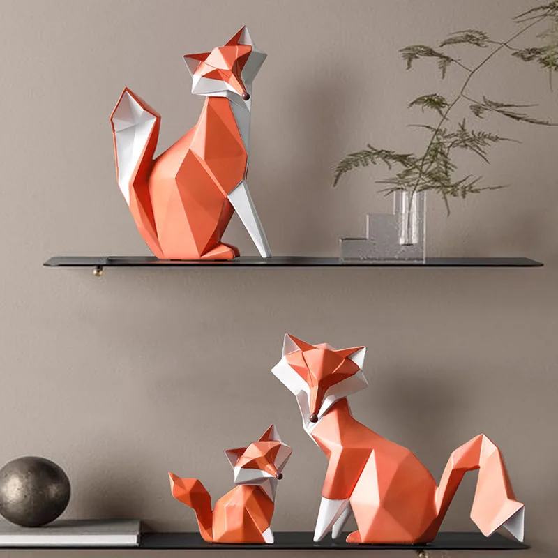 

Nordic Geometry Animal Statue Abstract Artistic Fox Family Sculpture Figurines Desktop Porch Ornaments Living Room Home Decor