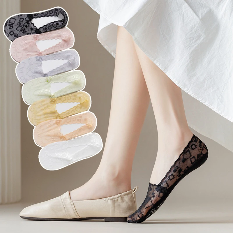 

1pair Summer women girl Silica Gel Lace Boat Socks Invisible Cotton Sole Non-slip Antiskid Slippers Anti-Slip Short Sock
