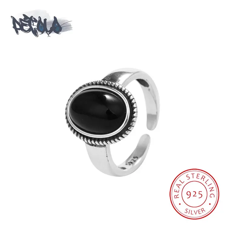 

S925 Silver Ring for Women Vintage Thai Silver and Black Agate Ring with Adjustable Opening Couple Ring Women Rings Jewelry