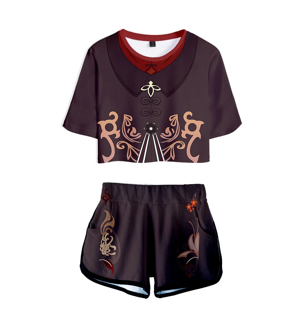 

Harajuku Genshin Impact 3D Print Short Sleeve Cool Sexy Shorts+lovely T-shirts Dew navel Pretty Girl suits Casual Two Piece Set