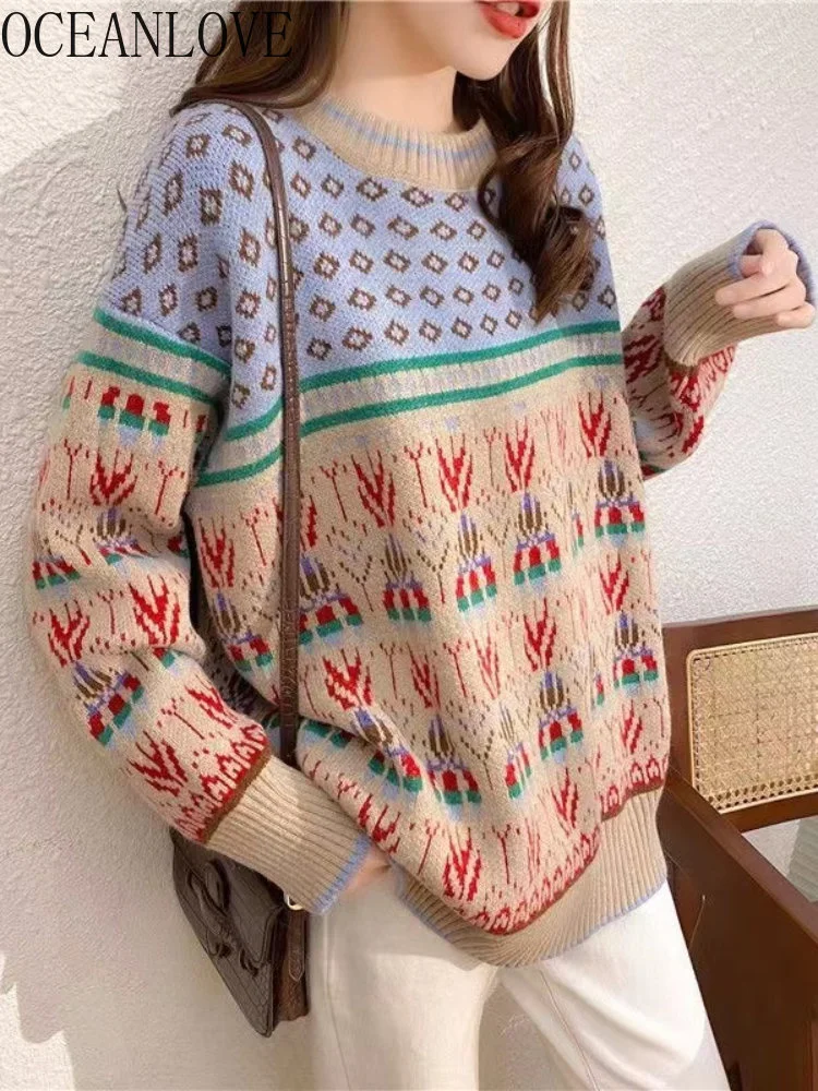 

Vintage Print Women Sweaters Loose Thick Autumn Winter Korean ashion Pull emme All Match Sweet Pullovers Casual