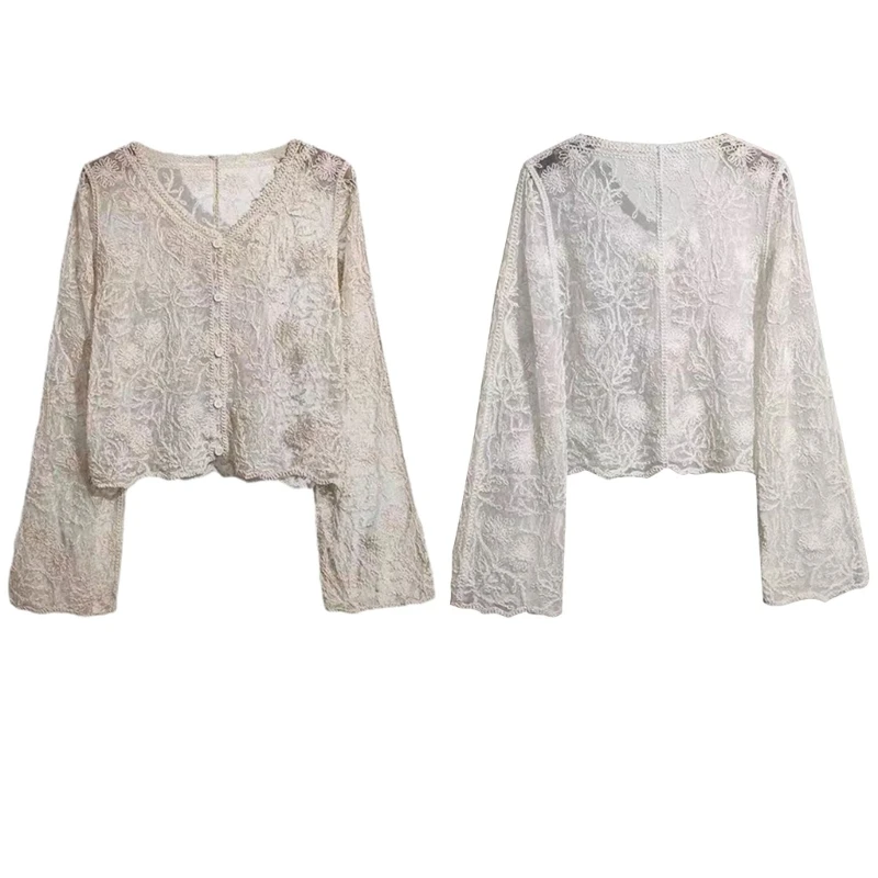 

Womens Spring Long Sleeve Blouses Cardigan Crochet Floral Button Down Cover Up Drop shipping